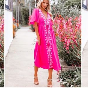 VICI PRESIDIO EMBROIDERED TASSEL MIDI DRESS - FUCHSIA
